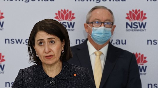 NSW Premier Gladys Berejiklian and Health Minister Brad Hazzard at today’s COVID-19 update. 