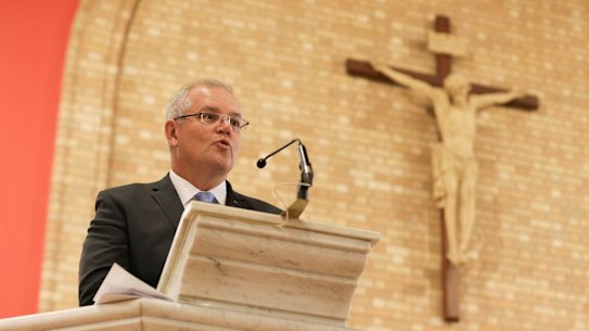 Prime Minister Scott Morrison during an ecumenical service to commemorate the opening of the 46th Parliament, at St Christopher's Cathedral in Canberra.