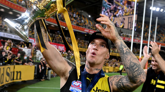 Dustin Martin celebrates the Tigers' premiership.