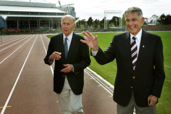 Ron Clarke and John Landy at Olympic Park at the location where Ron fell and John picked him up during a mile race, the rest is history.  Age News pic taken Sept.26, 2008