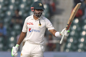 Pakistan’s captain Babar Azam celebrates 50 before his side collapsed.
