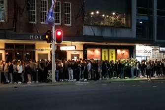 The line outside The Golden Sheaf in Double Bay on Wednesday night.