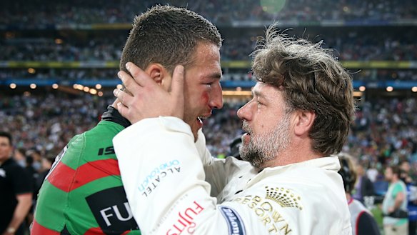 Russell Crowe with Sam Burgess after South Sydney’s win in the 2014 grand final.