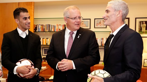 Prime Minister Scott Morrison meets Hakeem al-Araibi and Craig Foster in his office at Parliament House two days after his return. 