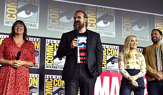 Director Cate Shortland (left) with David Harbour, Florence Pugh and O-T Fagbenle from Black Widow at the San Diego Comic-Con in 2019.