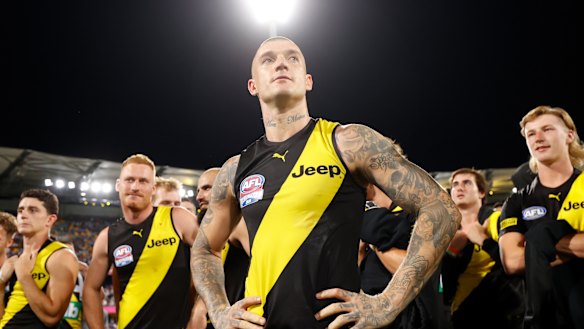 Dustin Martin and his Tiger teammates at The Gabba on Saturday night.
