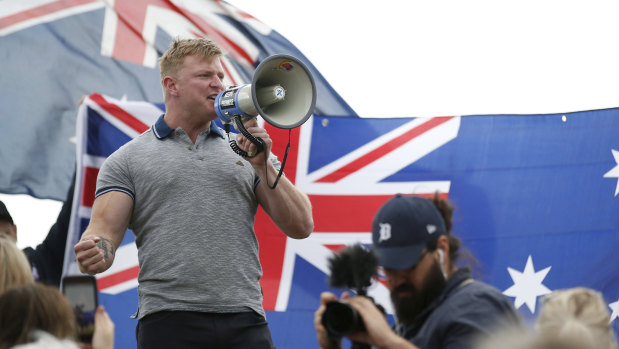 Blair Cottrell at the St Kilda rally on Saturday.