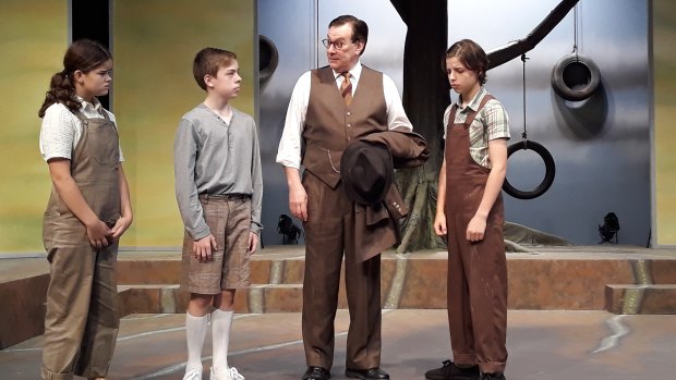 Jade Breen (Scout), Jake Keen (Dill), Michael Sparks (Atticus) and Jamie Boy (Jem) on the set of To Kill a Mockingbird at Theatre 3.
