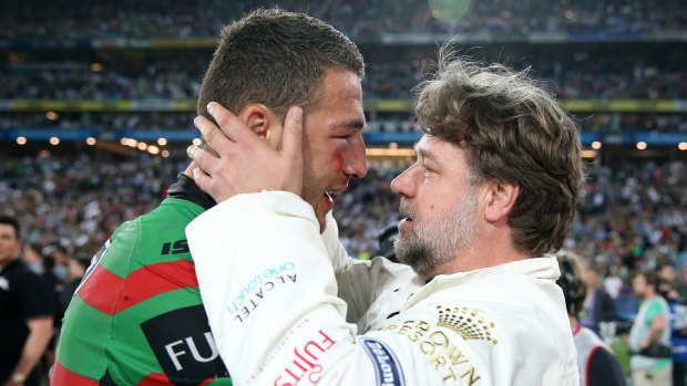 Russell Crowe with Sam Burgess after South Sydney’s win in the 2014 grand final.