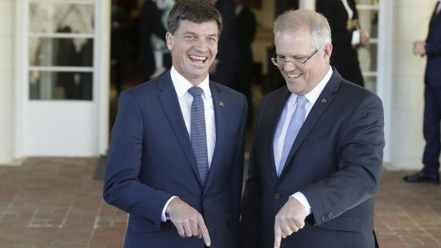 New Energy Minister Angus Taylor with Prime Minister Scott Morrison at Government House on Tuesday.