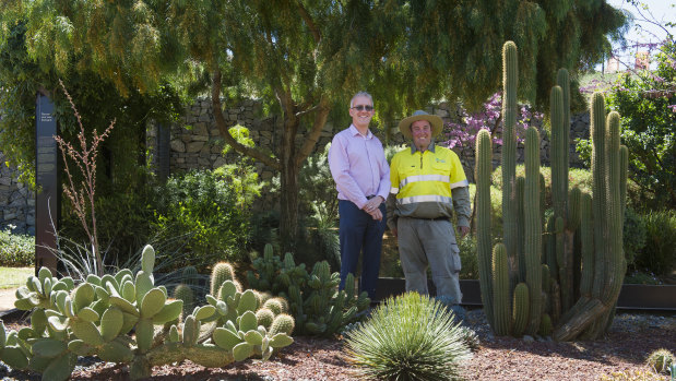Dr Matt Parker and Ryan Mallard in the discovery garden which features many drought resistant plants suitable for the Canberra climate.