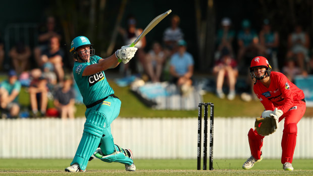 Grace Harris of the Heat bats during the WBBL semi-final against the Melbourne Renegades at the Allan Border Field on Saturday.