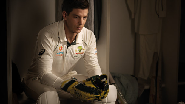 In a still from the documentary, Tim Paine collects his thoughts in the Headingley dressing room after the Test.