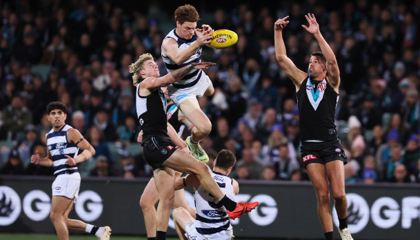 Miles Bergman, pictured spoiling Gary Rohan, starred down back in Port Adelaide’s victory over Geelong.