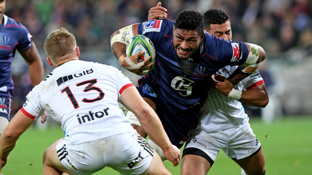 Amanaki Mafi tries to charge through against the Crusaders.