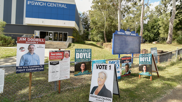 Corflutes for candidates running for election in the Ipswich City Council election on March 28.