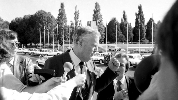 Sir Joh Bjelke-Petersen arrives at
the National Economic Summit in Canberra on 12 April 1983.