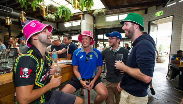Michael Calabria, Josh Reynolds, David Anderson and Nick Grant at Public Bar in Manuka during the cricket lunch break. 