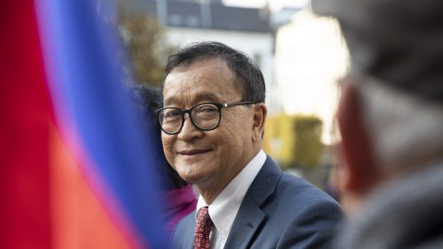 Cambodian opposition politician Sam Rainsy at the EU Parliament in Brussels earlier this month.