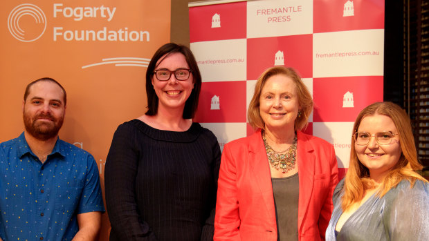 Fogarty Award 2023 shortlisters Josh Kemp and Karleah Olson (first and fourth from left), 2021 winner Brooke Dunnell (second) and Annie Fogarty (third) at The Literature Centre, in Fremantle.