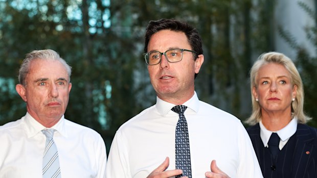 Nationals leader David Littleproud (centre) at a press conference following a Nationals party room meeting on the leadership at Parliament House.