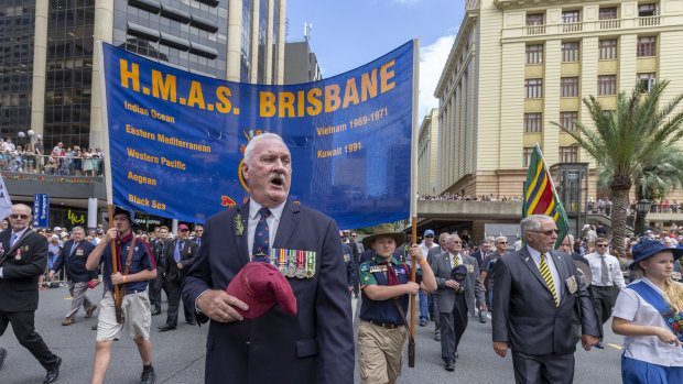Soldiers from HMAS Brisbane march during the Anzac Day parade in Brisbane last year. The government is considering measures around Anzac Day to protect people from coronavirus.