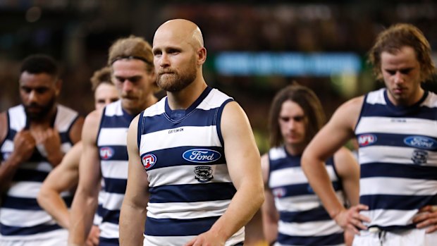 Ablett leaves the ground after the preliminary final loss to Richmond.