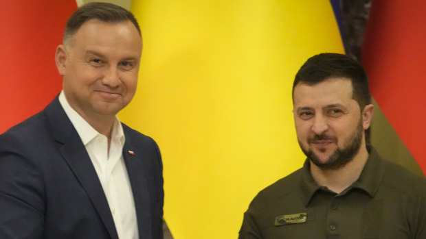 Ukrainian President Volodymyr Zelensky with Polish President Andrzej Duda.