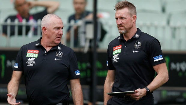Collingwood GM of football Graham Wright and outgoing senior coach Nathan Buckley.