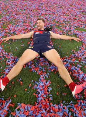 Jack Viney, celebrating the Dees’ 2021 flag, is a key cog in the club’s engine room.
