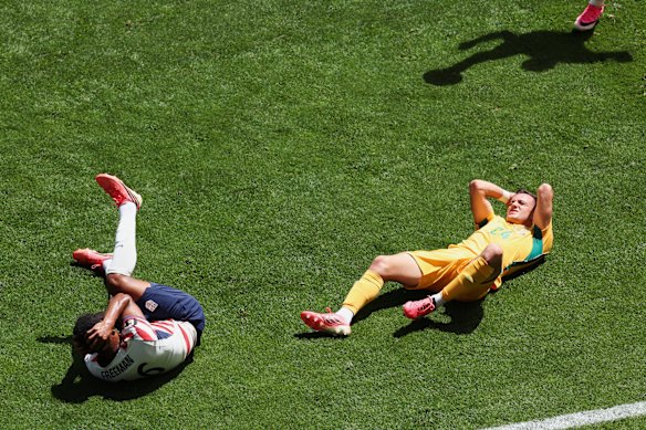 United States’ Alex Freeman and Paul Okon-Engstler react after a collision.