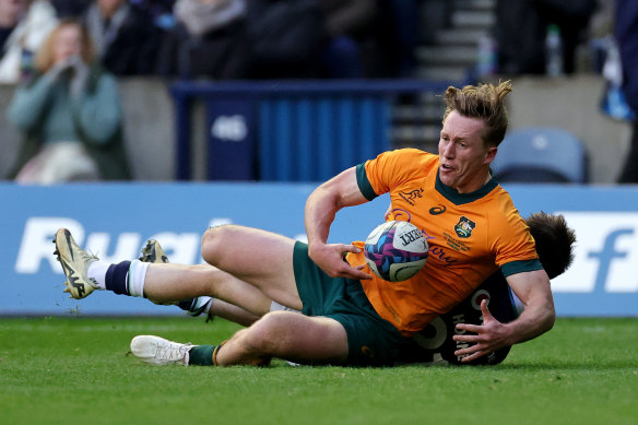 Harry Potter grounds the ball – just – for a Wallabies try.