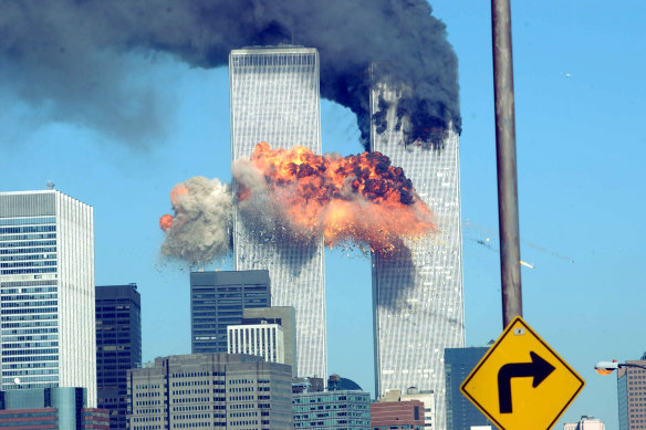 A fiery blast rocks the World Trade Centre after being hit by a plane on September 11, 2001.