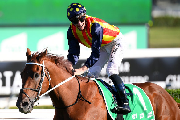 James McDonald after passing the finish post riding Nature Strip in the TJ Smith Stakes.