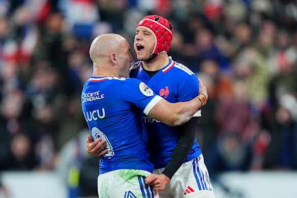 Louis Bielle-Biarrey of France celebrates scoring his team’s third try.