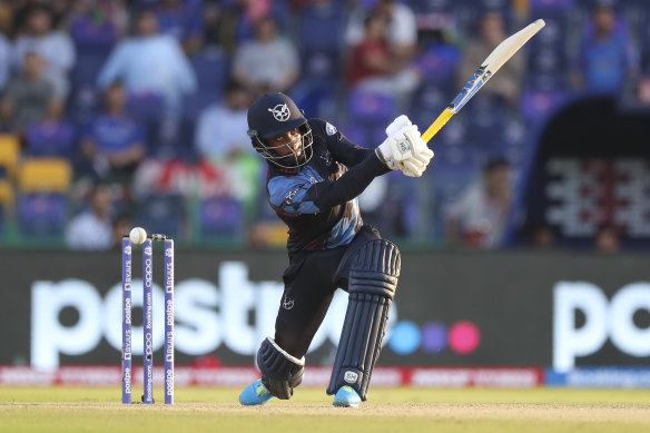 Namibia’s Pikky Ya France goes on the attack in the T20 World Cup match against Afghanistan in Abu Dhabi.