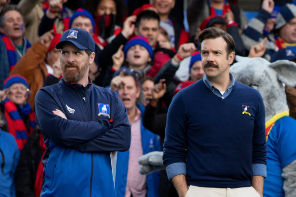 Brendan Hunt as Coach Beard and Jason Sudeikis as Ted Lasso in the hit TV show. 