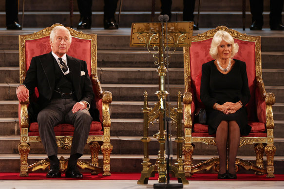 King Charles III and Camilla, Queen Consort, at Westminster Hall in London.