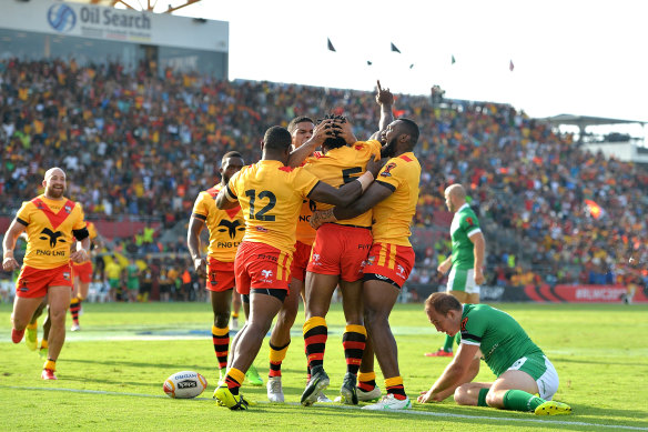 Papua New Guinea celebrate a try in their victory over Ireland in Port Moresby at the 2017 Rugby League World Cup. The local fans may soon have much more to celebrate.