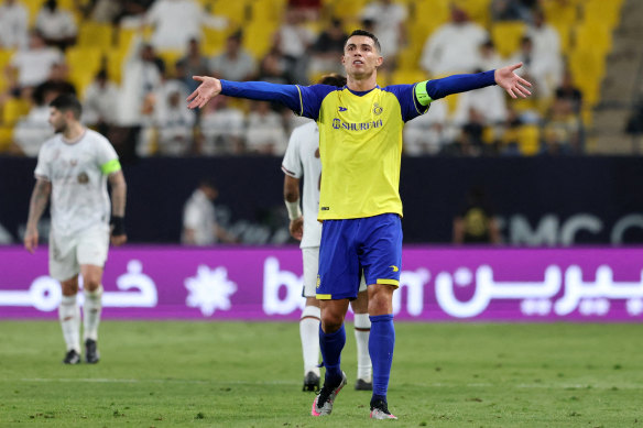 Cristiano Ronaldo playing for Al Nassr in the Saudi Pro League.