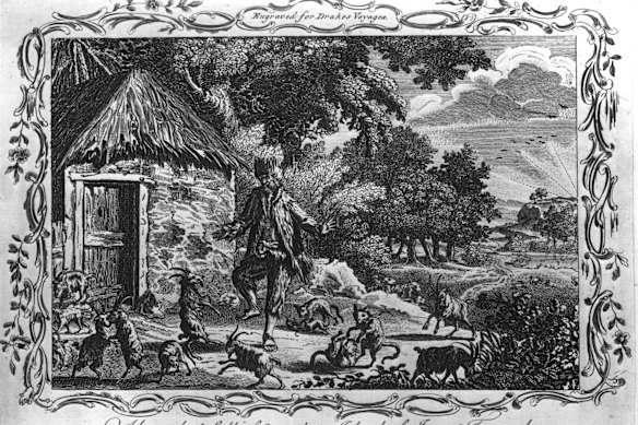 Alexander Selkirk, the inspiration for Robinson Crusoe and the subject of Francesca de Tores’ novel, seen in a 1719 engraving on one of the Juan Fernandez Islands.