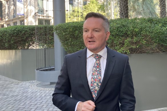 Climate Change and Energy Minister Chris Bowen speaks to reporters at COP28 in Dubai.