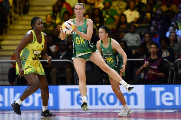 Courtney Bruce gets aerial for Australia in the semi-final against Jamaica.