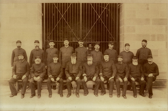 Darlinghurst Gaol warders, inside Forbes Street gate c 1890