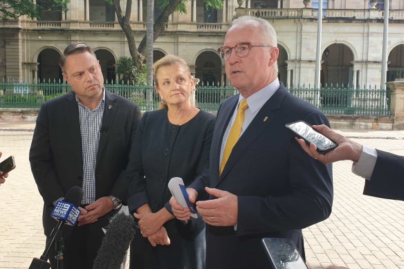 Retiring mayors Karen Williams (Redlands) and Mark Jamieson (Sunshine Coast) with Brisbane Lord Mayor Adrian Schrinner (left).