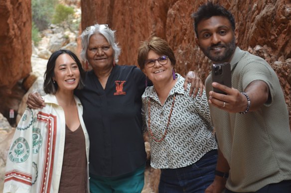 Melissa Leong (left) and Nazeem Hussain with Rayleen and Colleen at Ormiston Gorge in the Northern Territory.
