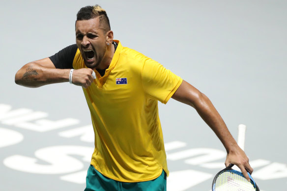 Nick Kyrgios playing Davis Cup for Australia in 2019.