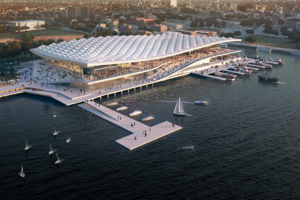 An artist's impression of the new Sydney Fish Market building at the head of Blackwattle Bay.