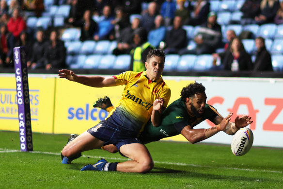 Josh Addo-Carr scores in Australia’s 84-0 Rugby League World Cup thumping of Scotland.