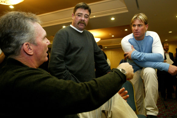 Allan Border, David Boon and  Warne at a reunion in Sydney in 2003. Warne had a strong respect for his cricketing elders.